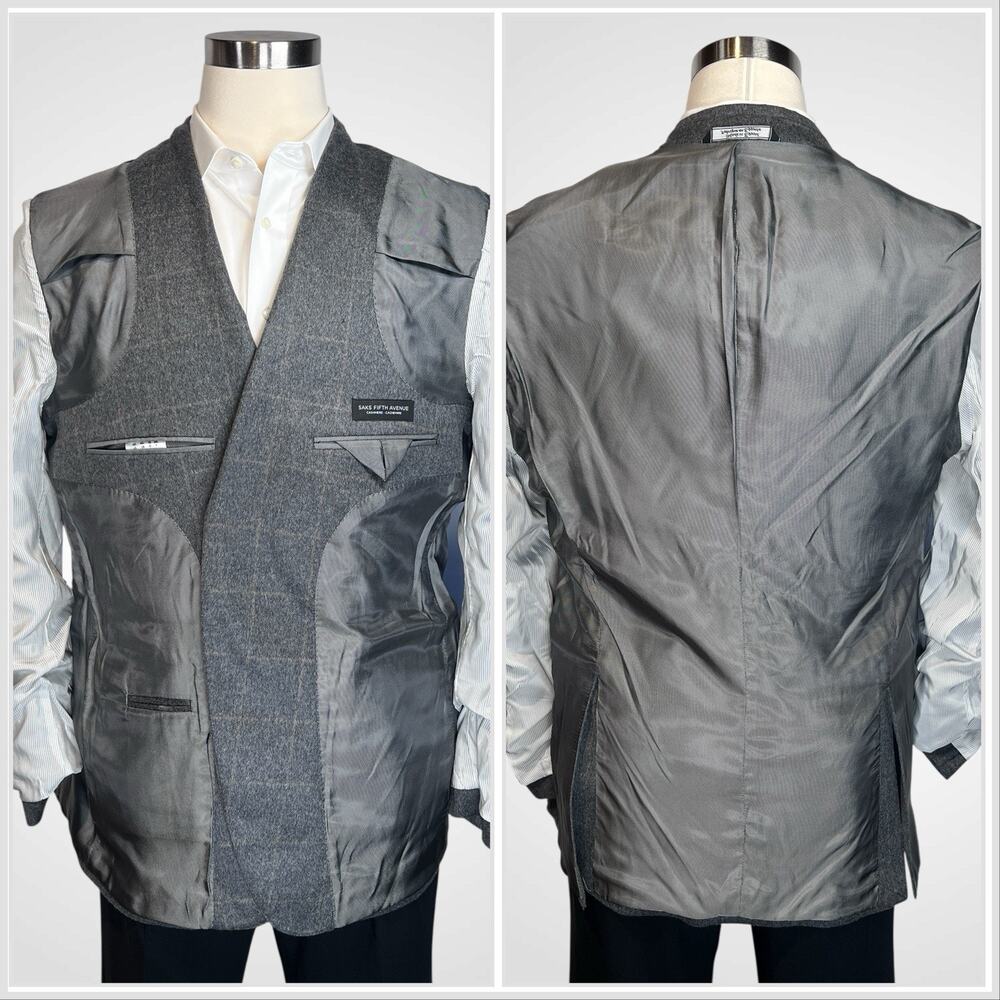 Saks 100% Brushed Cashmere Sport Coat 44-46L Gray Camel Windowpane Plaid - Picture 13 of 16